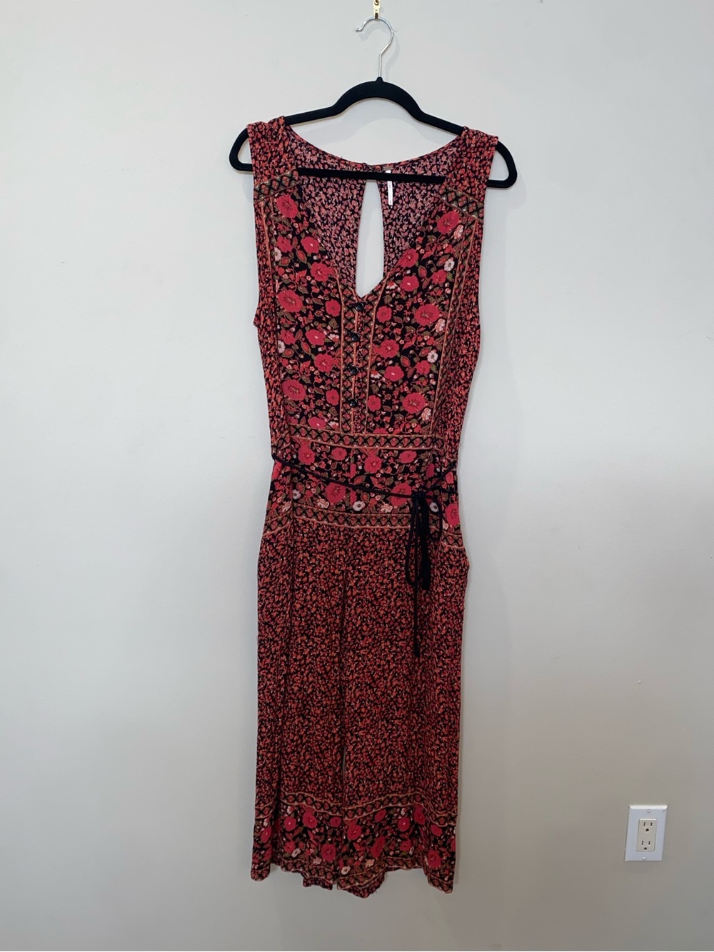 Free People Tropical Boho Rose Red & Black Floral Sleeveless Jumpsuit Vacation